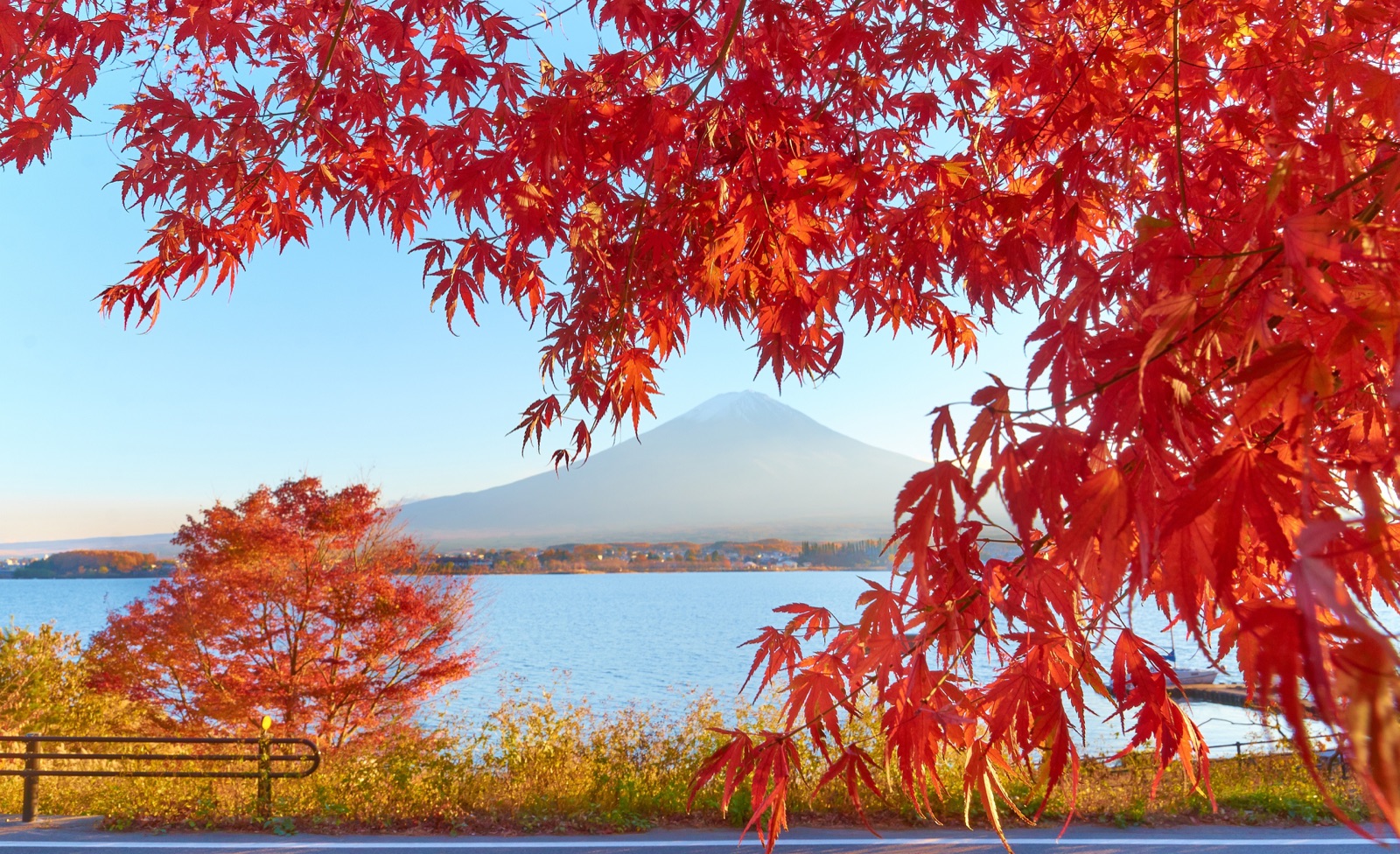 秋の河口湖と、夕日に染まる富士山